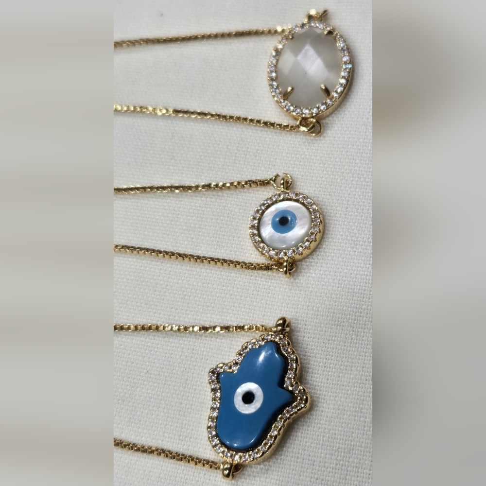 3 Adjustable Gold Tone Evil Eye Hamsa Hand White Crystal Gemstone CZ Bracelets
